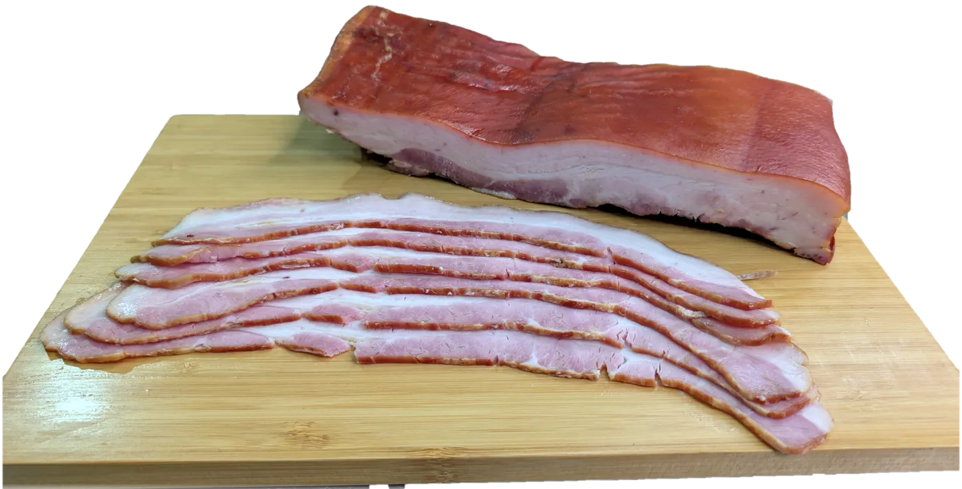 Bacon barriga Sabori em manta e fatiado sobre tábua de madeira